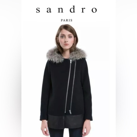 SANDRO Manoli Fur Trim Wool Leather Coat - Picture 1 of 10